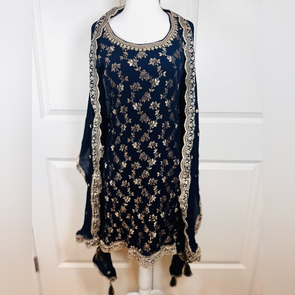 Dresses & Skirts - Boho Embroidered Kurta Tunic Dress Set Navy Gold Dupatta Festival L Ethnic